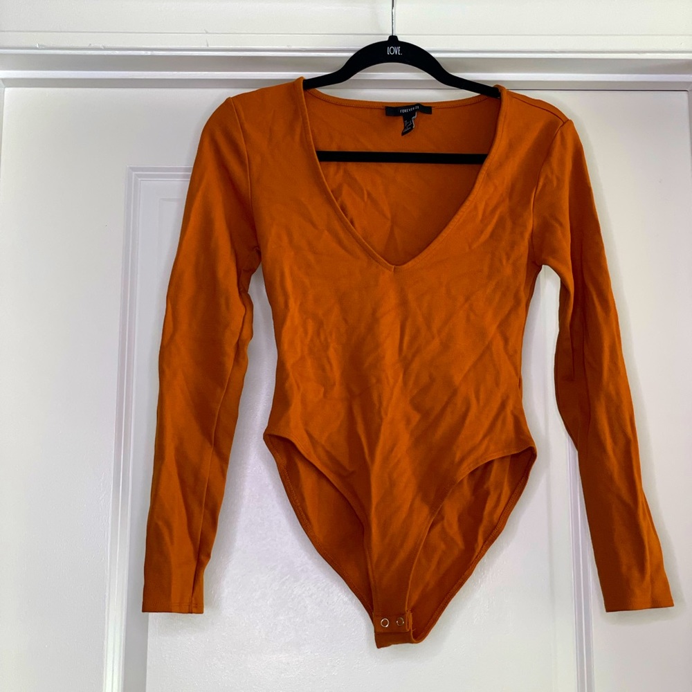 Forever 21 Orange deep plunge V- Neck bodysuit